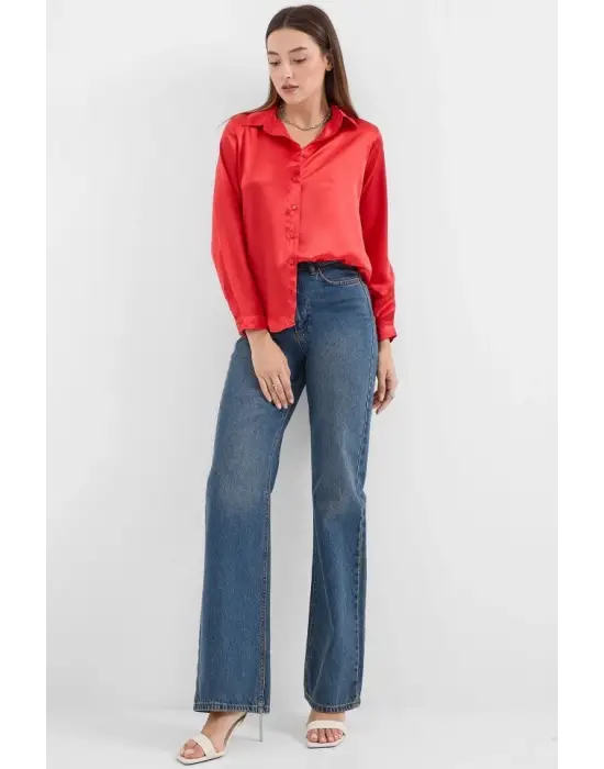 3964 Hafif Dökümlü Saten Gömlek - Bordo