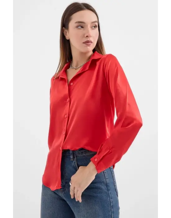 3964 Hafif Dökümlü Saten Gömlek - Bordo