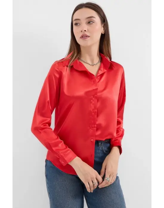 3964 Hafif Dökümlü Saten Gömlek - Bordo