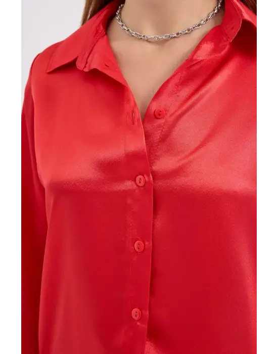 3964 Hafif Dökümlü Saten Gömlek - Bordo