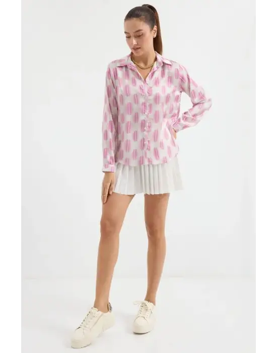 3964 Hafif Dökümlü Saten Gömlek - B.Pembe