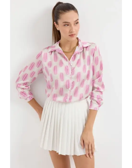 3964 Hafif Dökümlü Saten Gömlek - B.Pembe