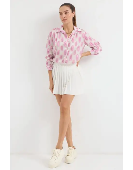 3964 Hafif Dökümlü Saten Gömlek - B.Pembe