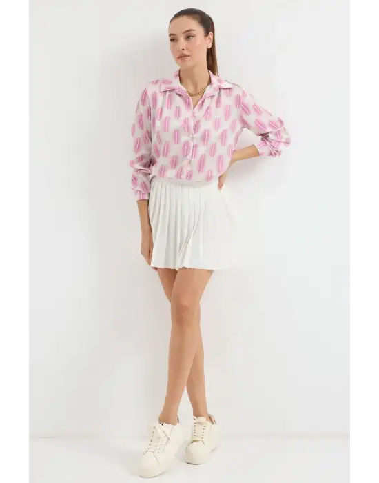 3964 Hafif Dökümlü Saten Gömlek - B.Pembe