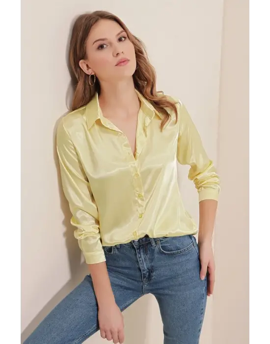 3964 Hafif Dökümlü Saten Gömlek - B.Sarı