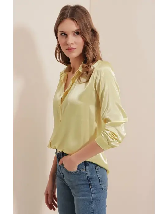 3964 Hafif Dökümlü Saten Gömlek - B.Sarı