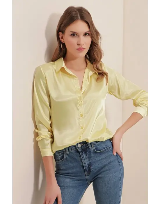 3964 Hafif Dökümlü Saten Gömlek - B.Sarı