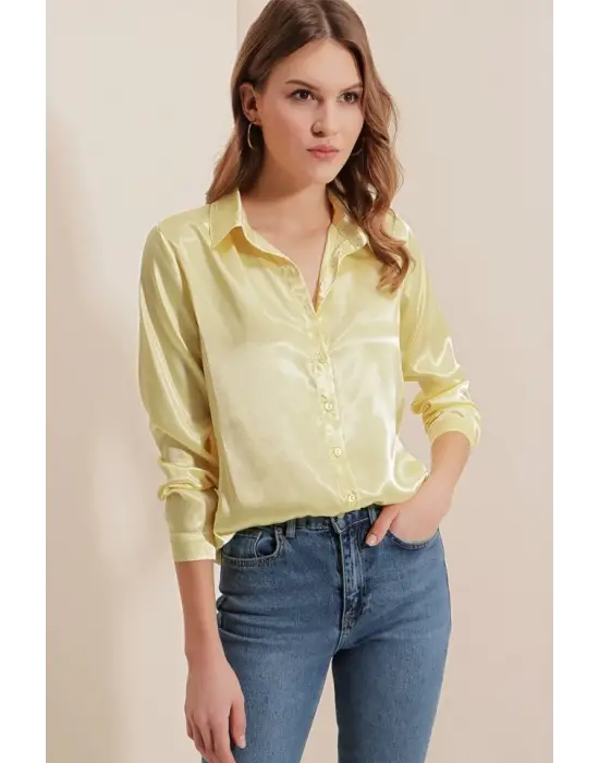 3964 Hafif Dökümlü Saten Gömlek - B.Sarı