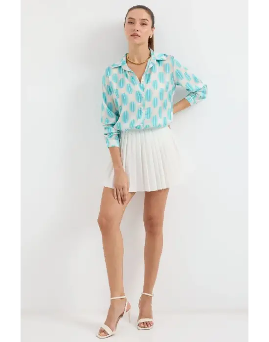 3964 Hafif Dökümlü Saten Gömlek - B.Turkuaz