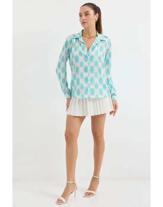 3964 Hafif Dökümlü Saten Gömlek - B.Turkuaz