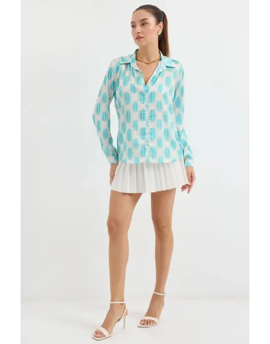 3964 Hafif Dökümlü Saten Gömlek - B.Turkuaz