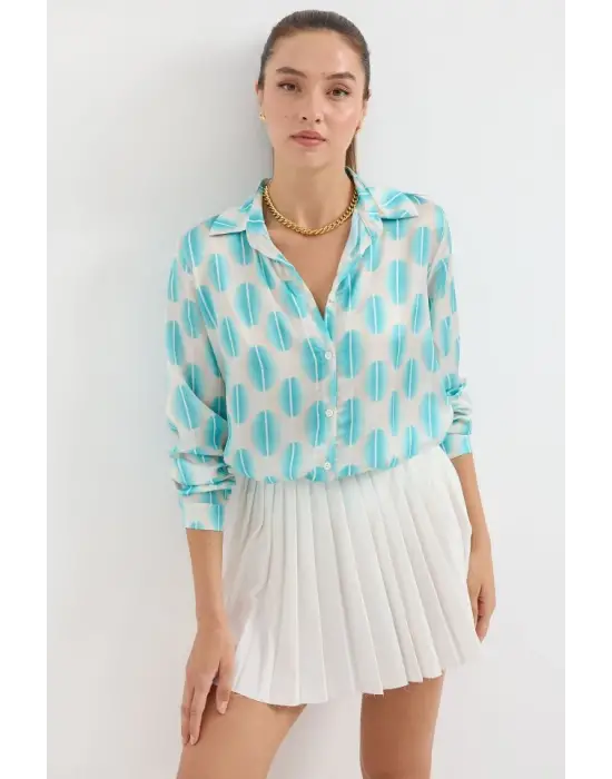 3964 Hafif Dökümlü Saten Gömlek - B.Turkuaz