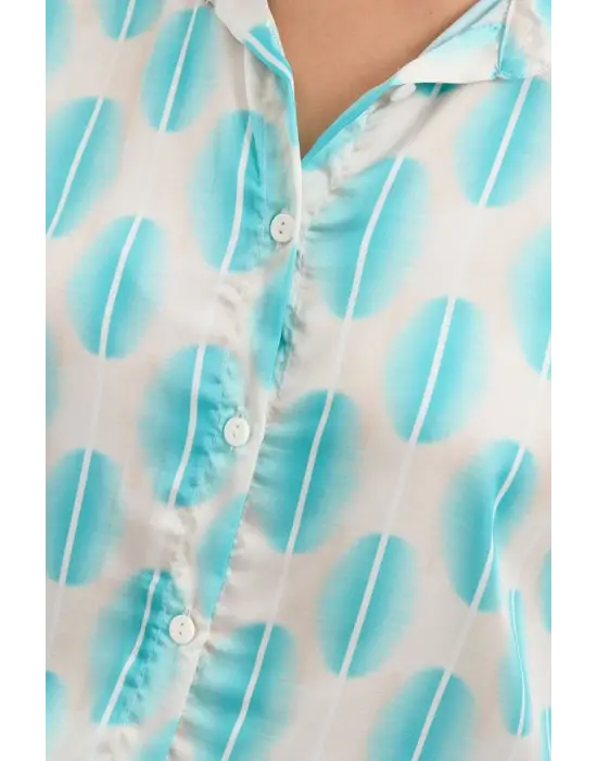 3964 Hafif Dökümlü Saten Gömlek - B.Turkuaz