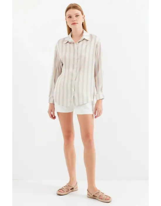 3964 Hafif Dökümlü Saten Gömlek - C. Bej