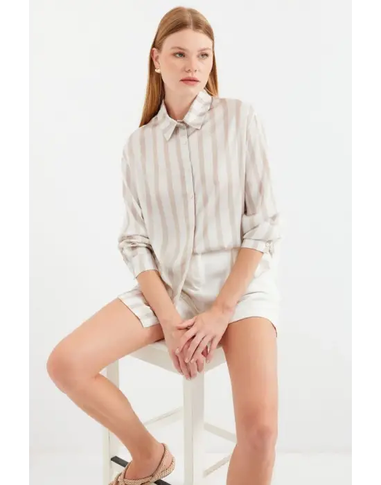 3964 Hafif Dökümlü Saten Gömlek - C. Bej