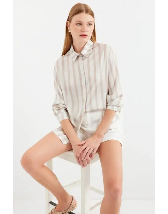 3964 Hafif Dökümlü Saten Gömlek - C. Bej