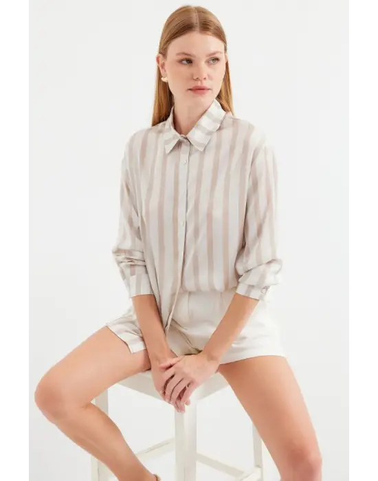 3964 Hafif Dökümlü Saten Gömlek - C. Bej
