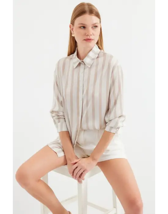 3964 Hafif Dökümlü Saten Gömlek - C. Bej