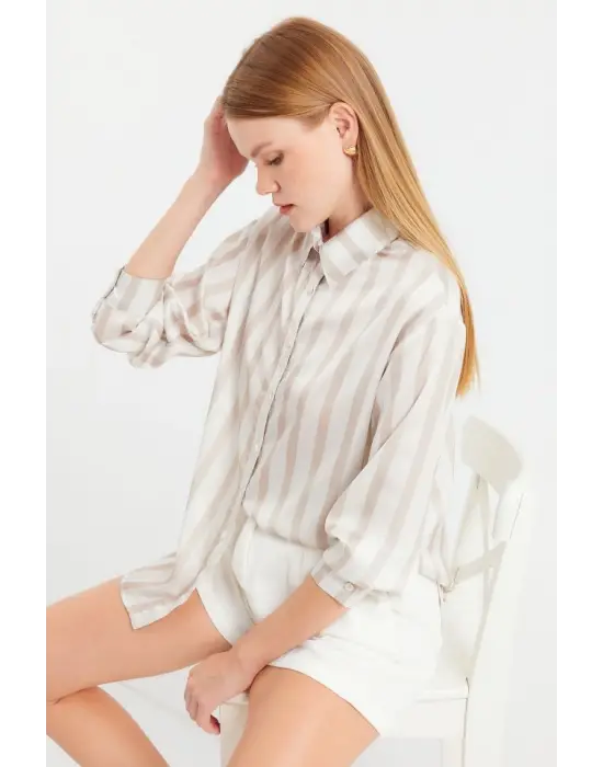 3964 Hafif Dökümlü Saten Gömlek - C. Bej