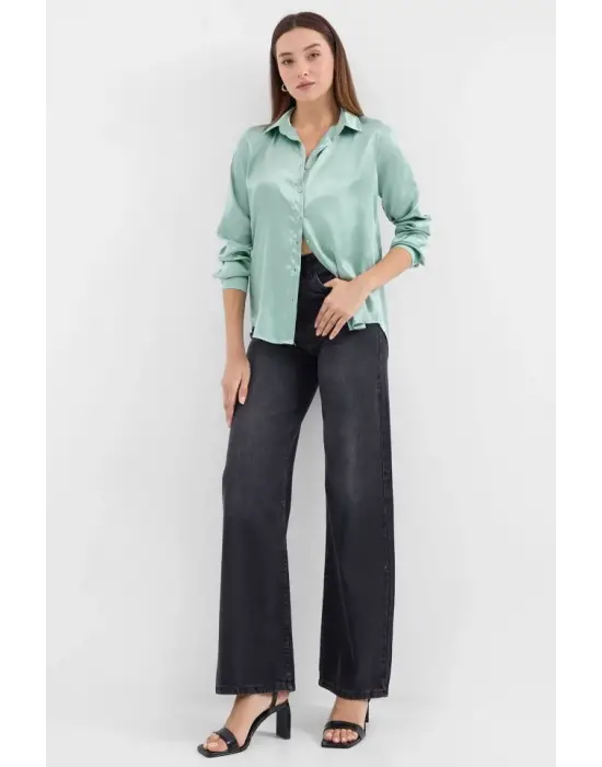 3964 Hafif Dökümlü Saten Gömlek - Çağla