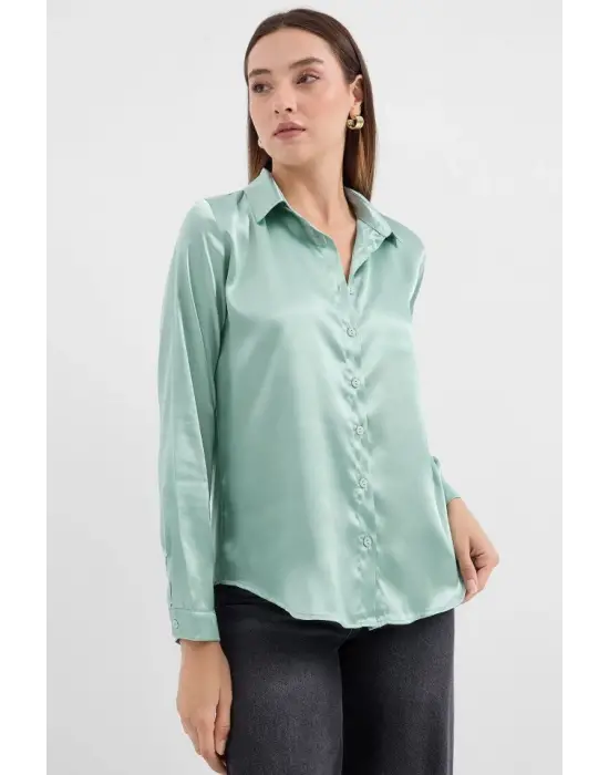 3964 Hafif Dökümlü Saten Gömlek - Çağla