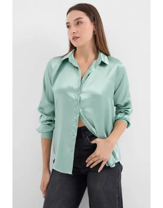 3964 Hafif Dökümlü Saten Gömlek - Çağla