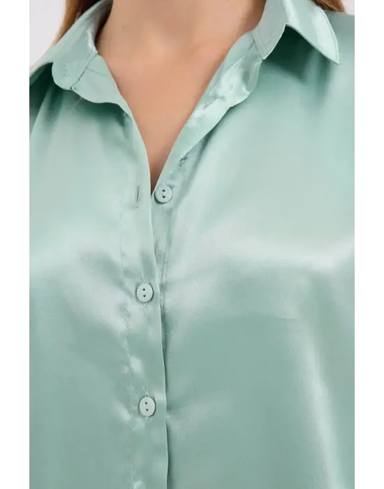 3964 Hafif Dökümlü Saten Gömlek - Çağla