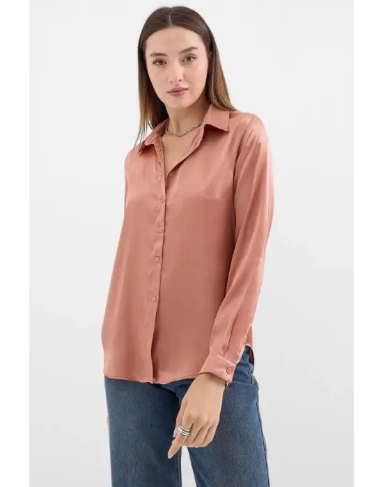 3964 Hafif Dökümlü Saten Gömlek - Camel