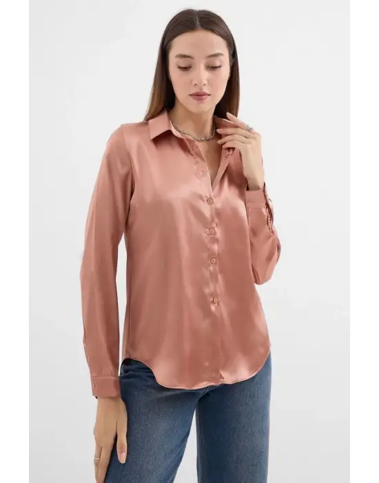 3964 Hafif Dökümlü Saten Gömlek - Camel