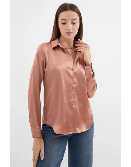 3964 Hafif Dökümlü Saten Gömlek - Camel