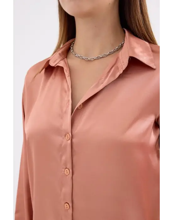 3964 Hafif Dökümlü Saten Gömlek - Camel