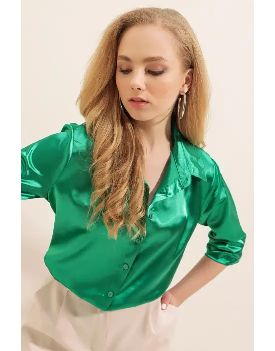 3964 Hafif Dökümlü Saten Gömlek - D.Yeşil