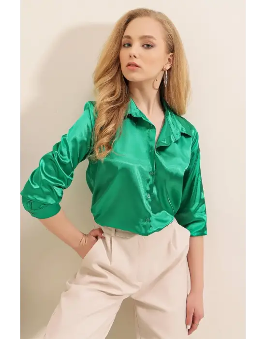 3964 Hafif Dökümlü Saten Gömlek - D.Yeşil