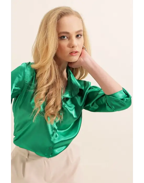 3964 Hafif Dökümlü Saten Gömlek - D.Yeşil
