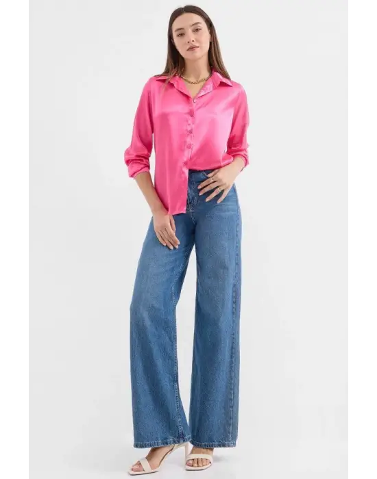 3964 Hafif Dökümlü Saten Gömlek - Fuşya