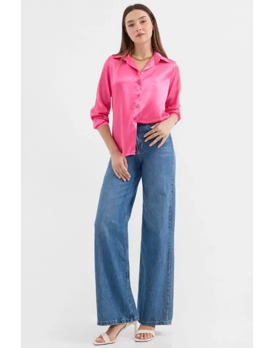 3964 Hafif Dökümlü Saten Gömlek - Fuşya
