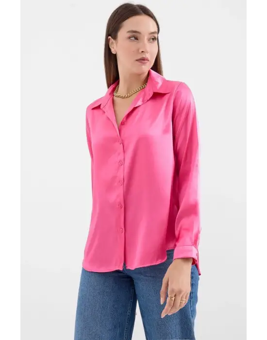 3964 Hafif Dökümlü Saten Gömlek - Fuşya