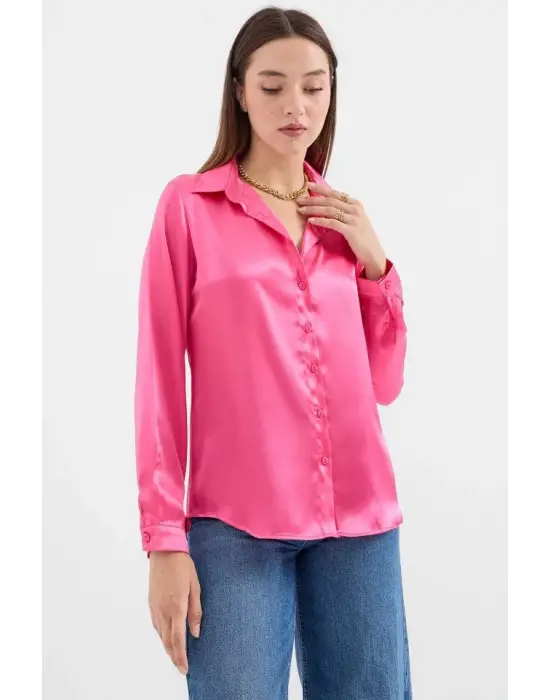 3964 Hafif Dökümlü Saten Gömlek - Fuşya