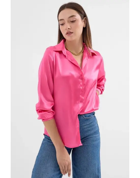 3964 Hafif Dökümlü Saten Gömlek - Fuşya