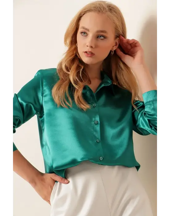 3964 Hafif Dökümlü Saten Gömlek - Koyu Yeşill