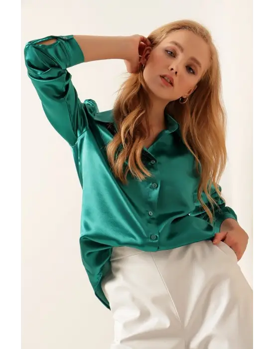 3964 Hafif Dökümlü Saten Gömlek - Koyu Yeşill