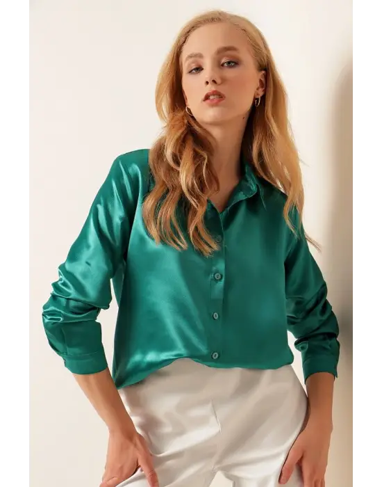 3964 Hafif Dökümlü Saten Gömlek - Koyu Yeşill
