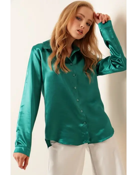 3964 Hafif Dökümlü Saten Gömlek - Koyu Yeşill