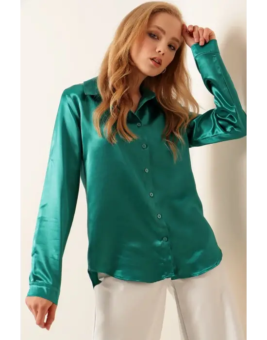 3964 Hafif Dökümlü Saten Gömlek - Koyu Yeşill
