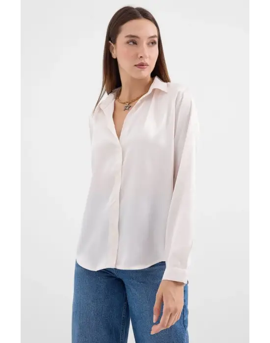 3964 Hafif Dökümlü Saten Gömlek - Krem