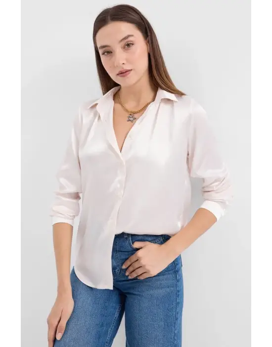 3964 Hafif Dökümlü Saten Gömlek - Krem