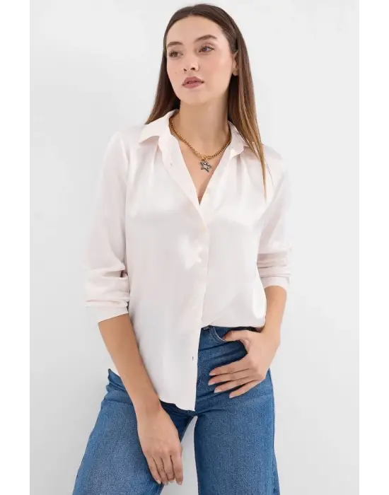 3964 Hafif Dökümlü Saten Gömlek - Krem