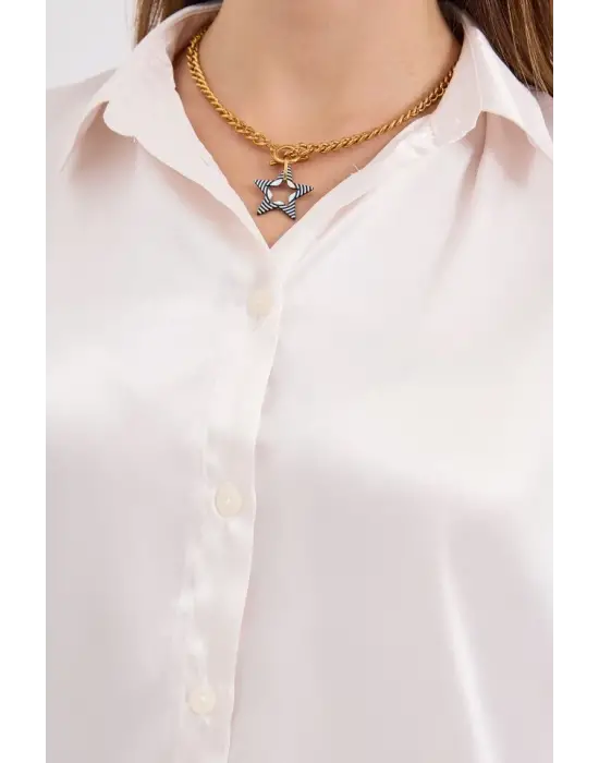 3964 Hafif Dökümlü Saten Gömlek - Krem