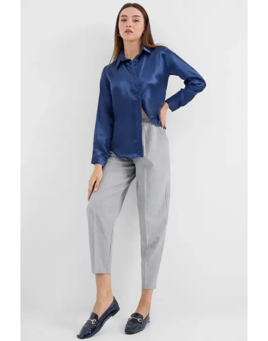 3964 Hafif Dökümlü Saten Gömlek - Lacivert