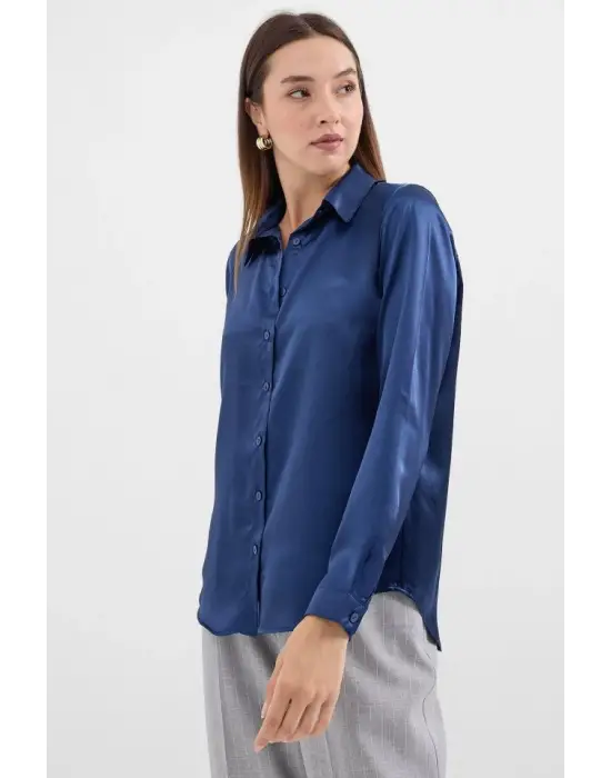 3964 Hafif Dökümlü Saten Gömlek - Lacivert